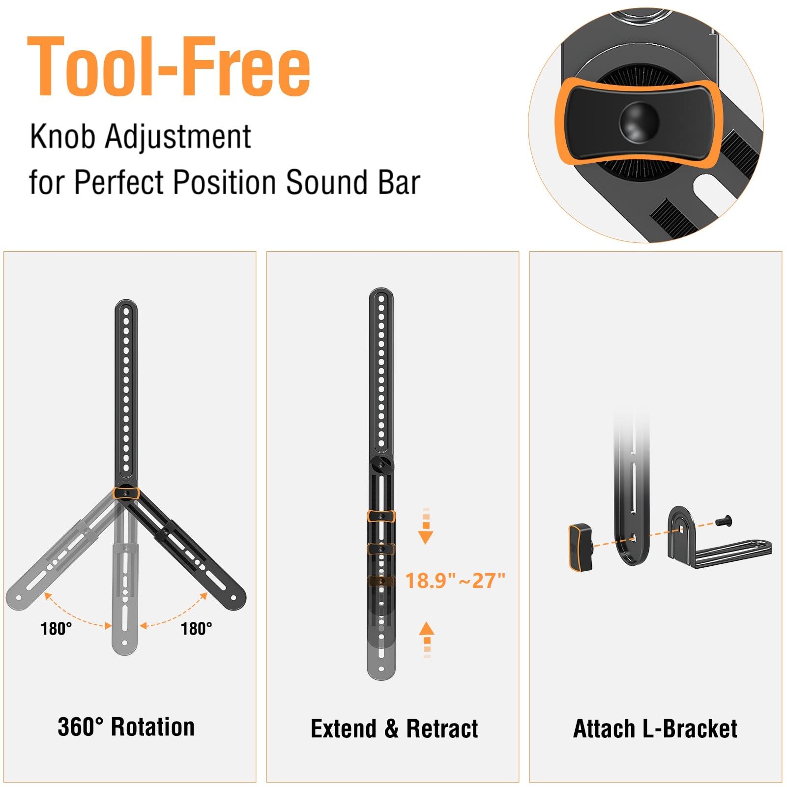 Elived Soundbar Mount, Sound Bar Tv Bracket, For Mounting Above Or Under Tv, Fits Most Sound Bars Up To 15 Lbs, Tool Free Knob A