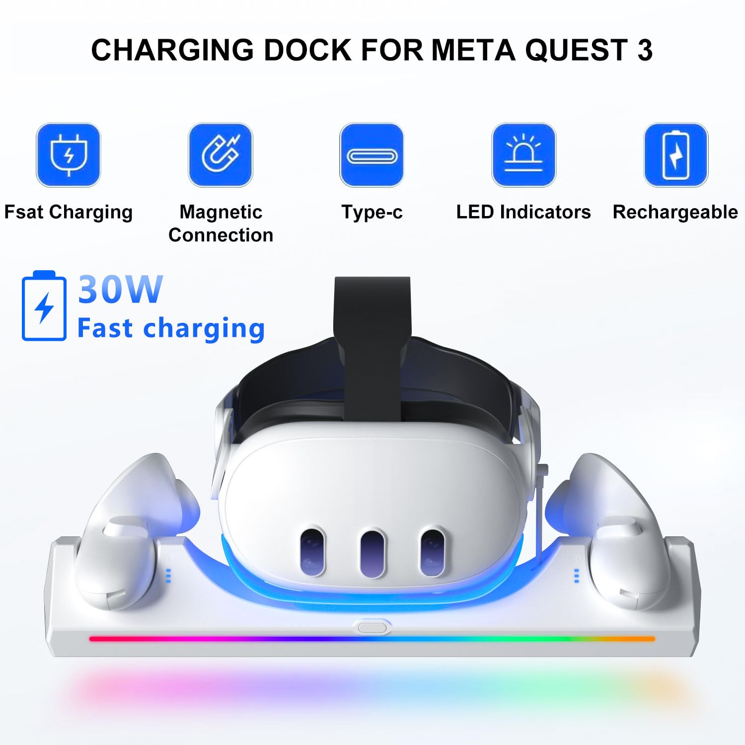 Eslick Charging Station For Oculus Quest 3S/ Quest 3 Accessories, 30W Fast Adapter Charging Dock With Led Indicator, Includes 2