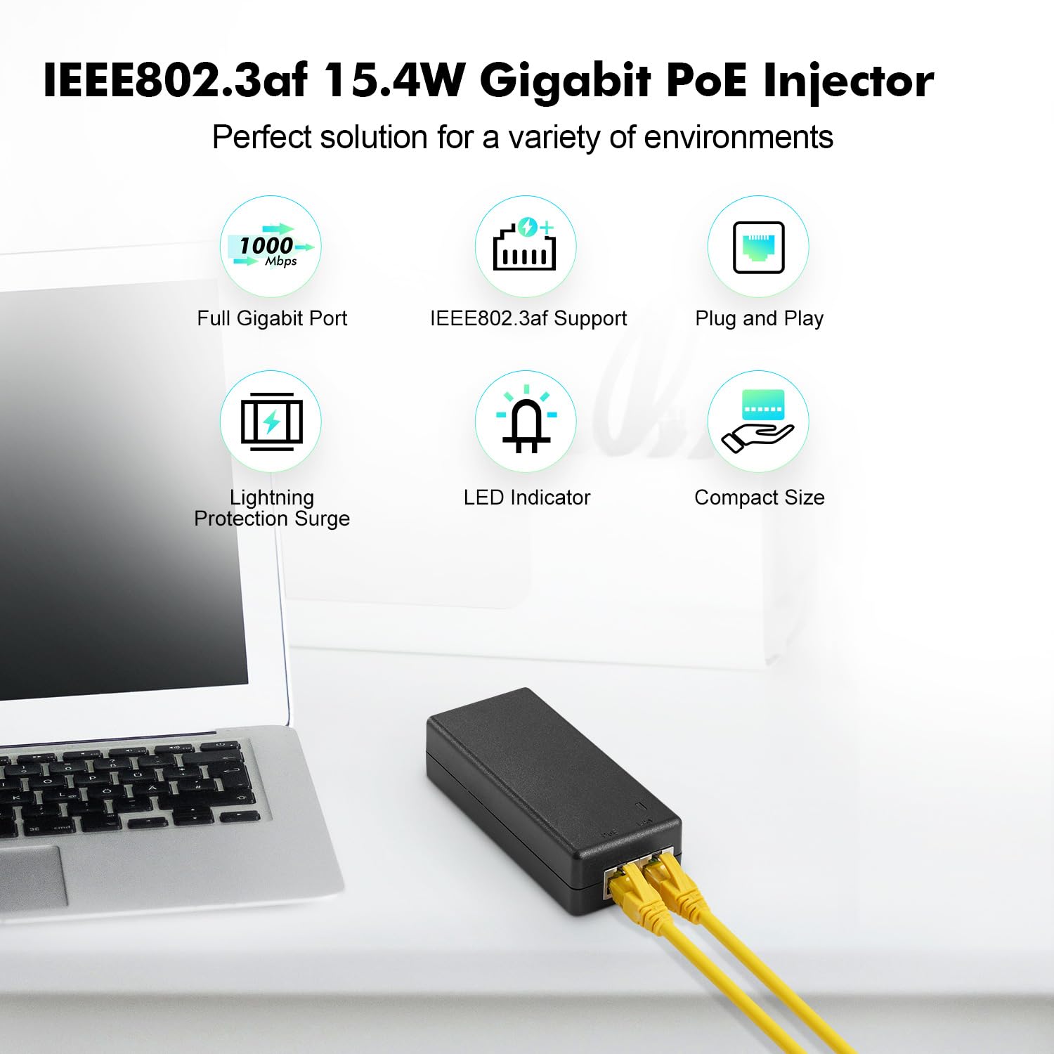 Yulinca Gigabit Poe Injector 15.4W, 802.3Af Power Over Ethernet Poe Adapter, 10/100/1000Mbps, Non Poe To Poe Adapter, Plug & Pla