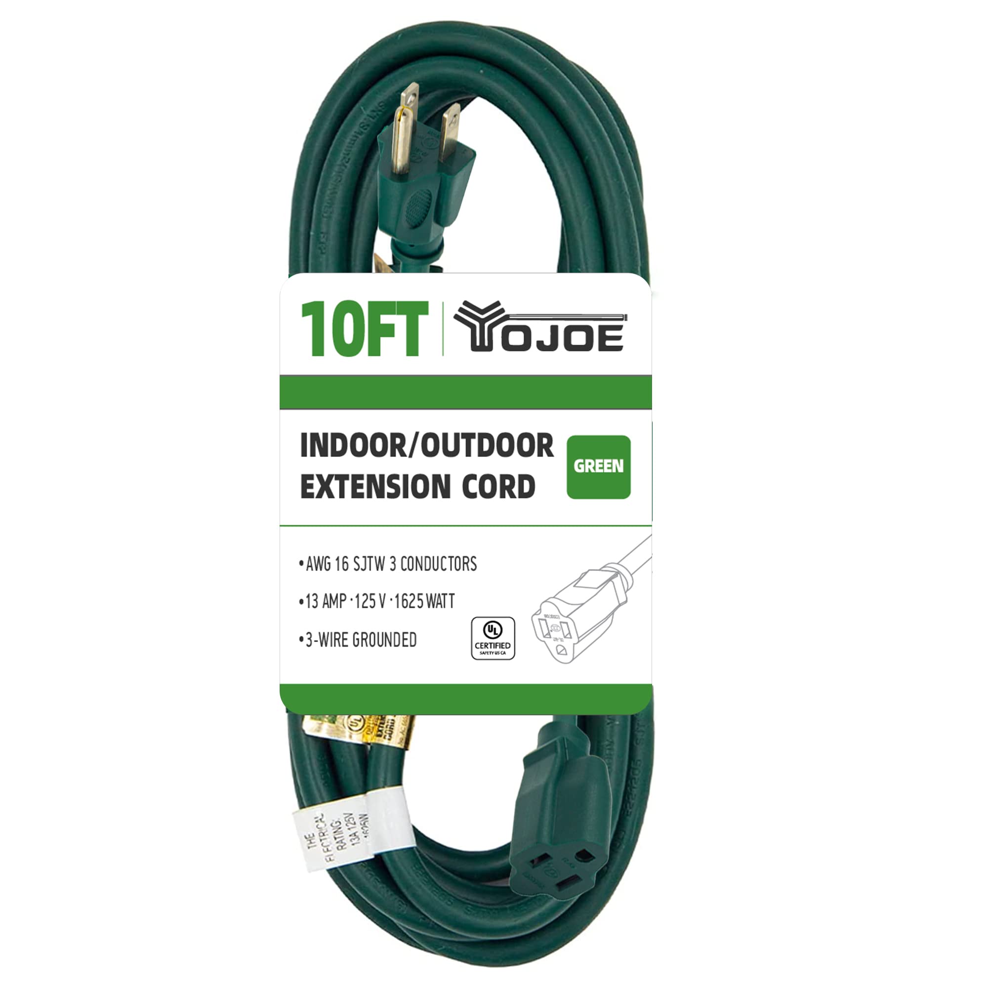 Yojoe Indoor Outdoor Extension Cord, 3 Prong 13A Weatherproof Power Extension Cord, 16 Gauge Heavy Duty 10 Ft Green Extension Co