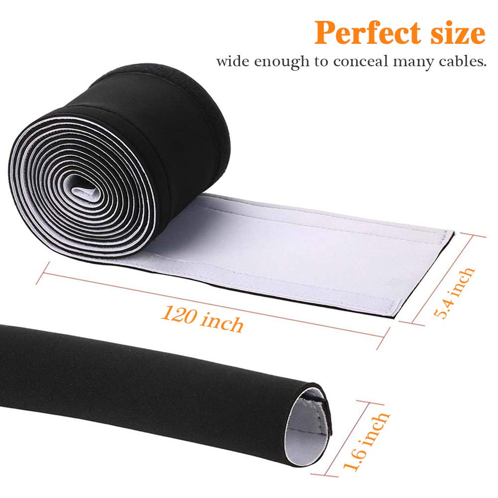 120'' Neoprene Cable Management Organizer, Reversible Flexible Cuttable Diy Hole Cord Hider Cover Sleeve For Office Tv Computer