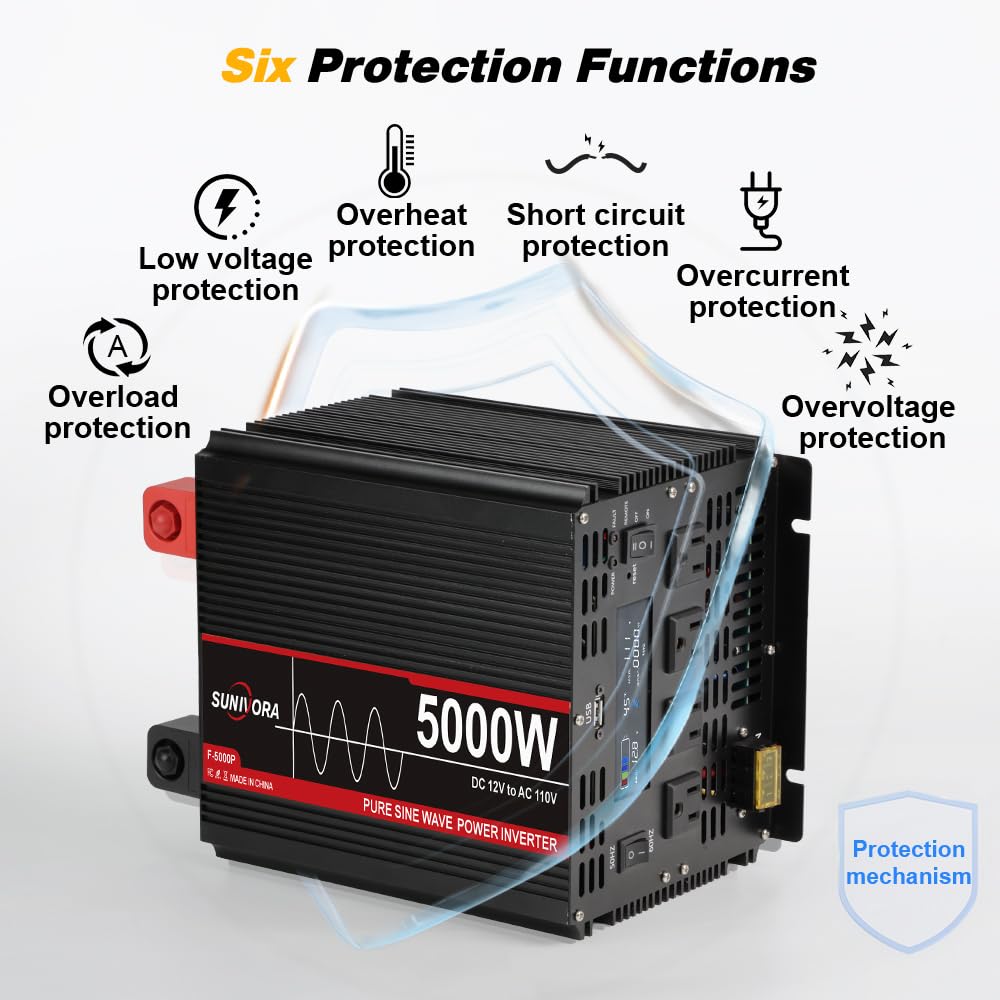 Sunivora 5000 Watt Pure Sine Wave Power Inverter With Lcd 12V Dc To 110V/120V Ac Peak Power 10000W Car Power Inverter With 4 Ac