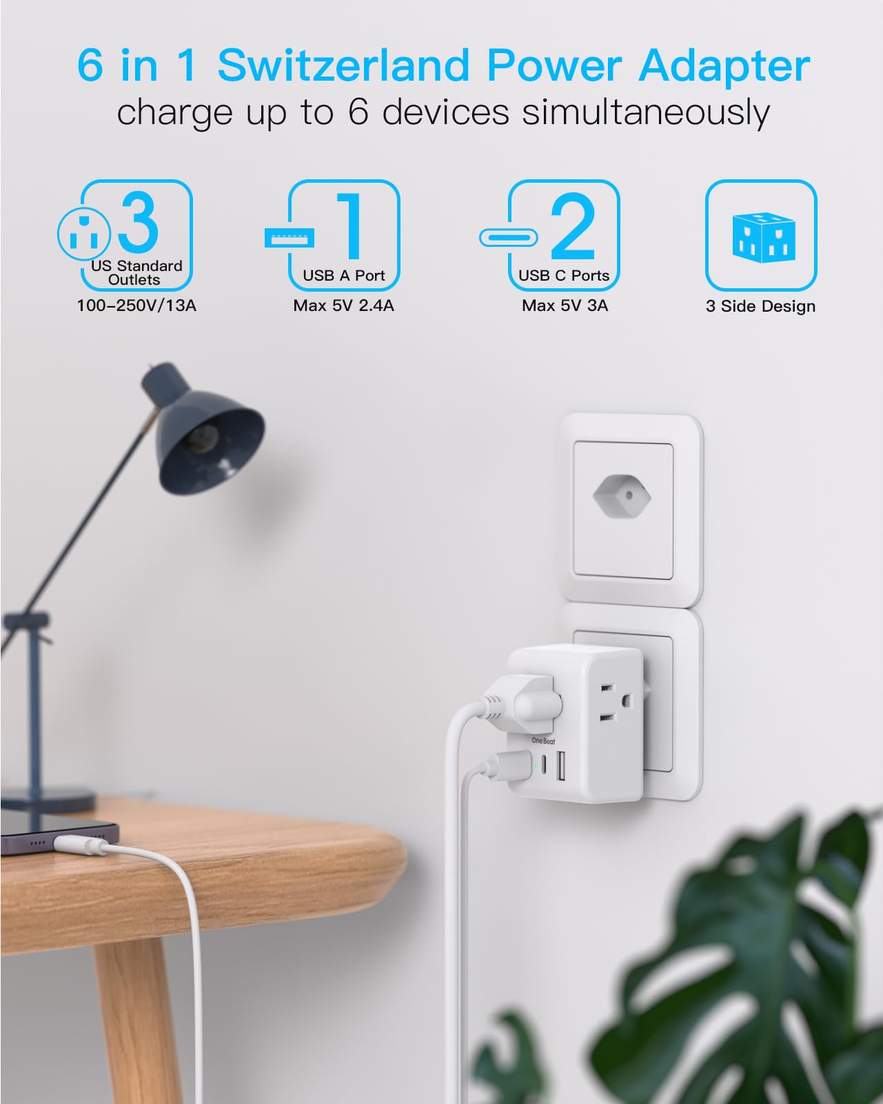 2 Pack Switzerland Travel Plug Adapter, Swiss Outlet Adapter With 3 Outlets 3 Usb Charging Ports(2 Usb C), Type J Power Adapter,