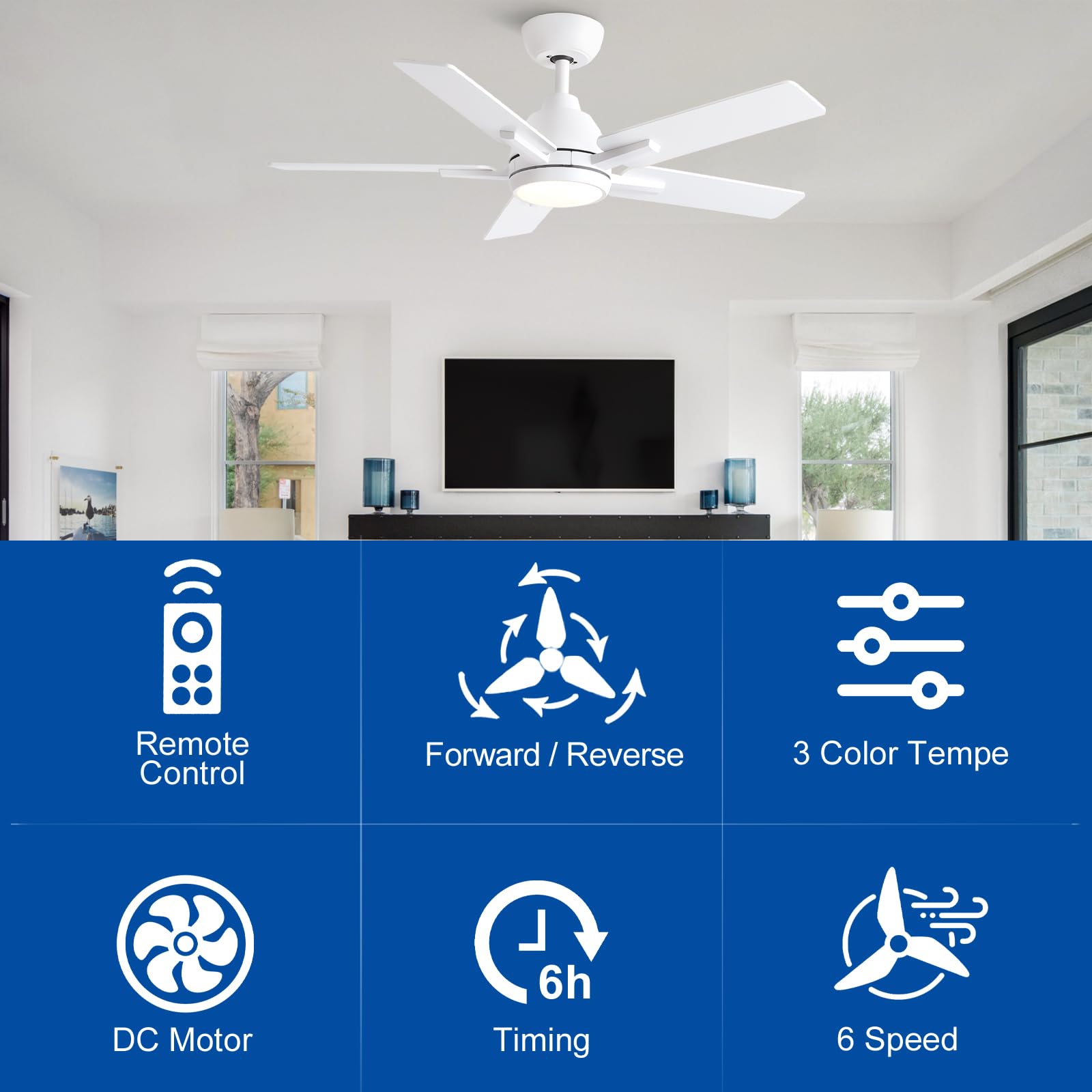 42 Inch Ceiling Fans With Lights And Remote,White Ceiling Fan With 5 Dual Sided Blades,Downrod,Quiet 6 Speed Reversible Dc Motor