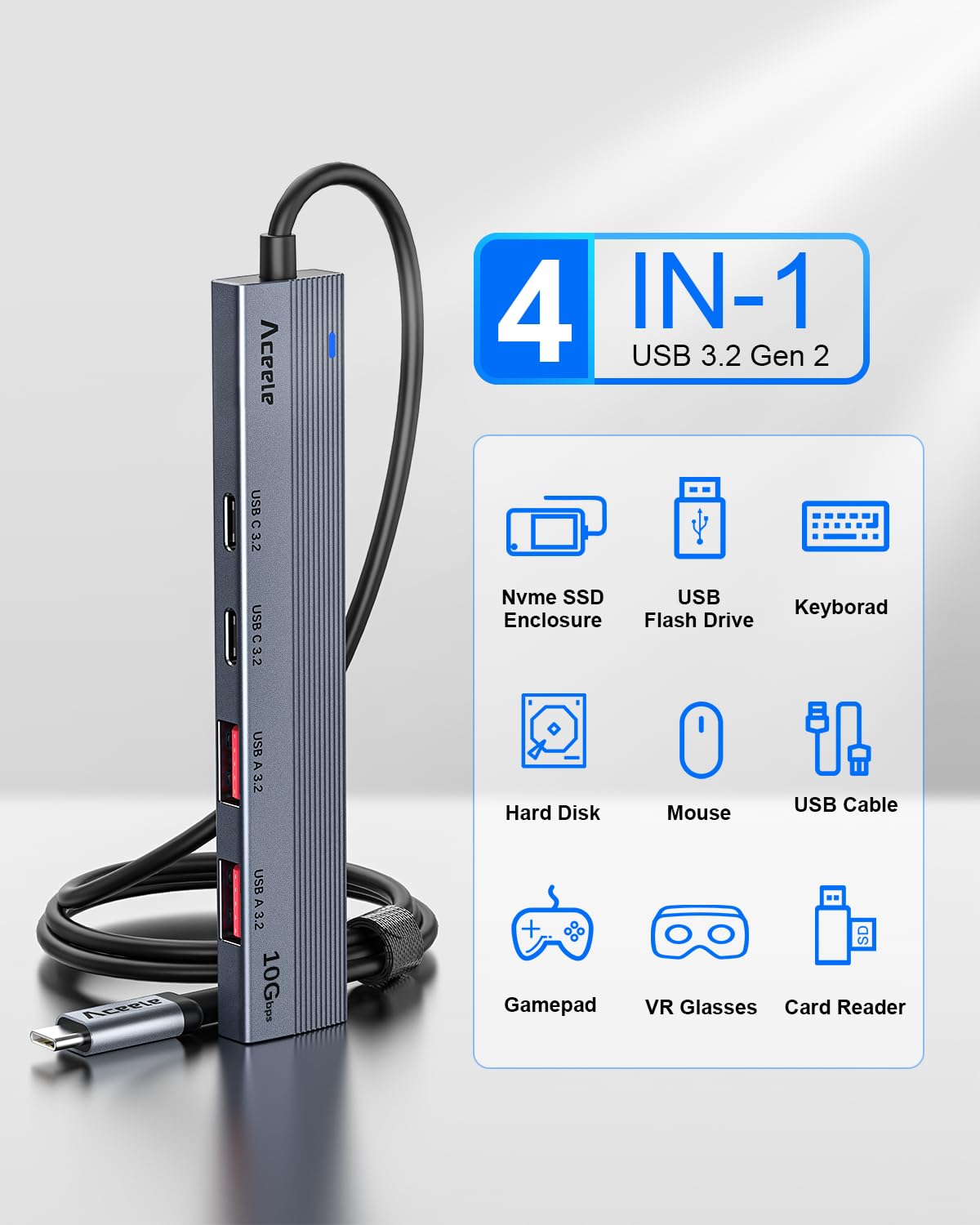Aceele 10Gbps Usb C Hub With 4 Usb 3.2 Ports (2 Usb A & 2 Usb C), Usb 3.2 Gen 2 3.3Ft Usb Cable Extender Hub With Usb-C Power Po