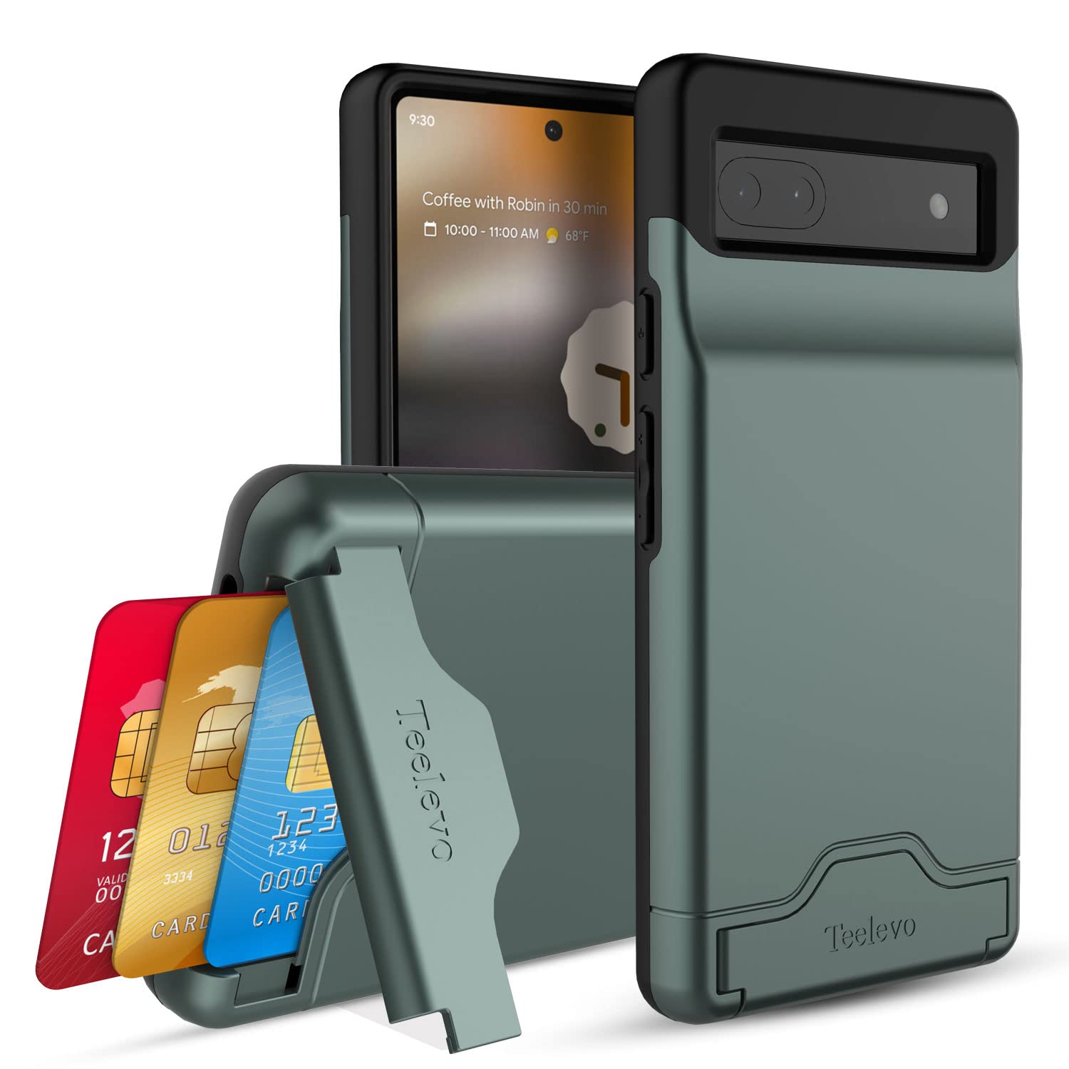 Teelevo Dual Layer Wallet Case For Google Pixel 6A (2022), Protective Case With 3 Card Storage For Google Pixel 6A   Dark Green
