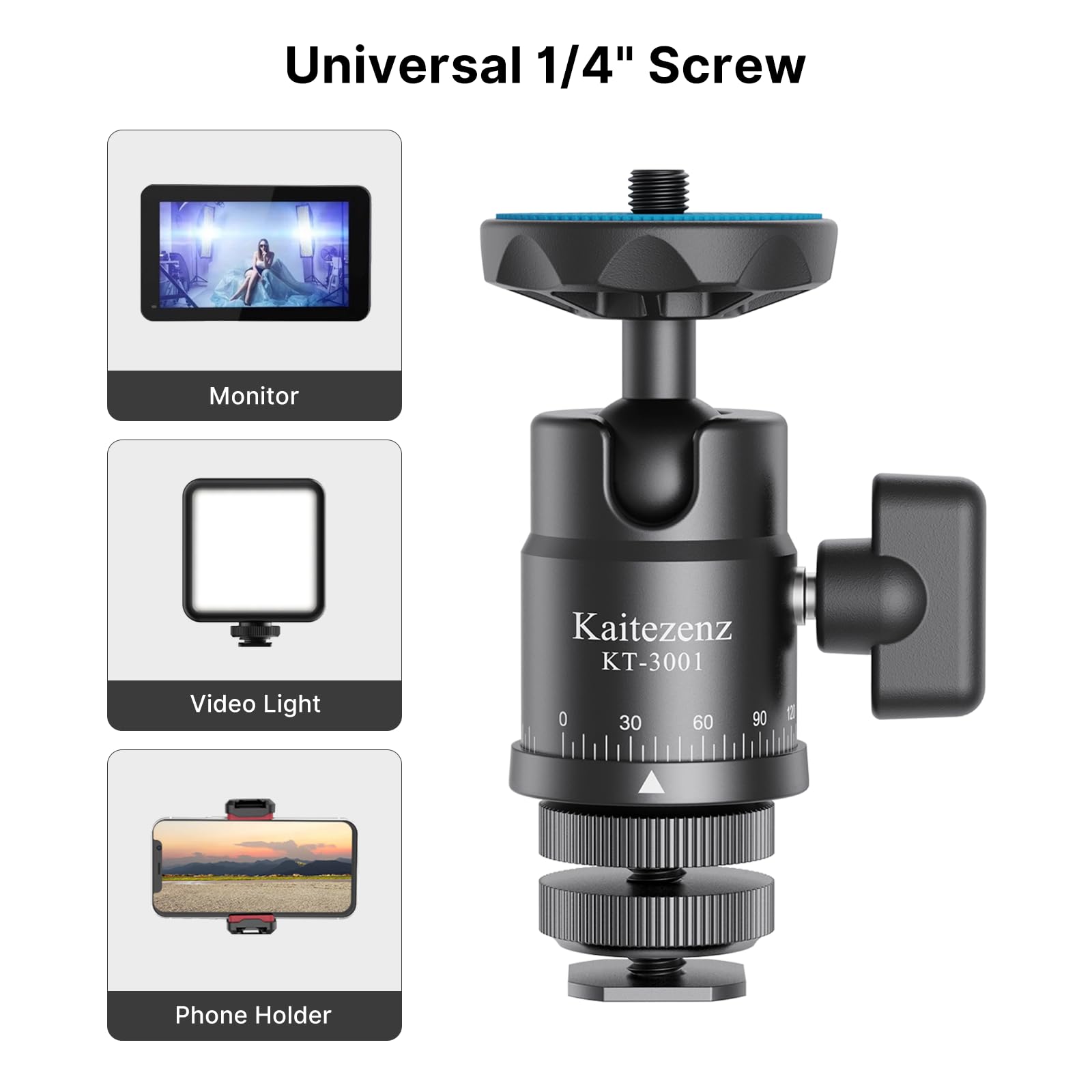 Kaitezenz Mini Ball Head, Panoramic Camera Tripod Head With 1/4'' Screw And Dual Hot Shoe Mount, 360 Rotatable Metal Adapter For
