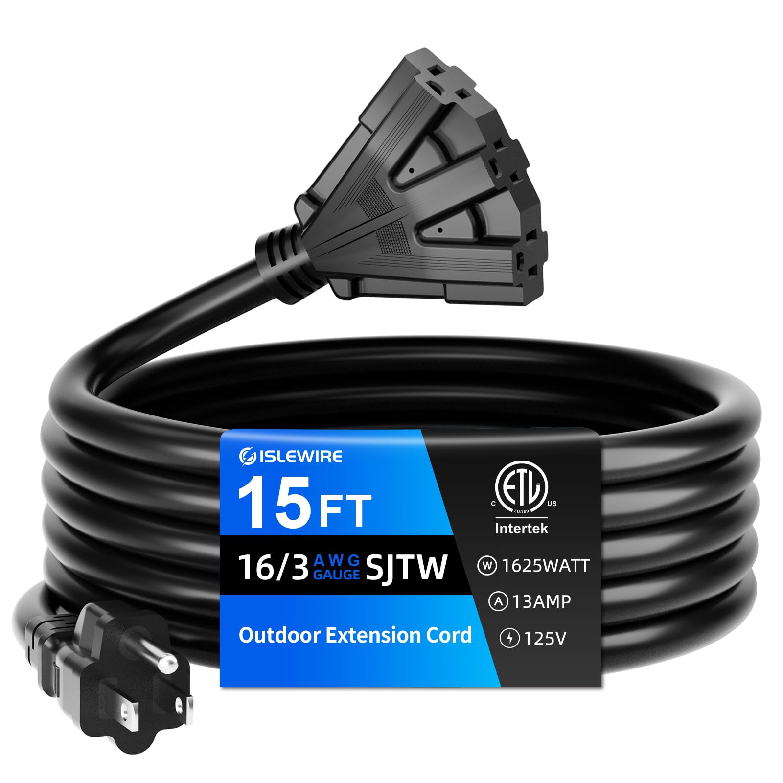 Islewire 15 Ft 3 Outlet Outdoor Extension Cord Waterproof, 16/3 Sjtw Black Extension Cord With Multiple Outlets, Heavy Duty 16 G