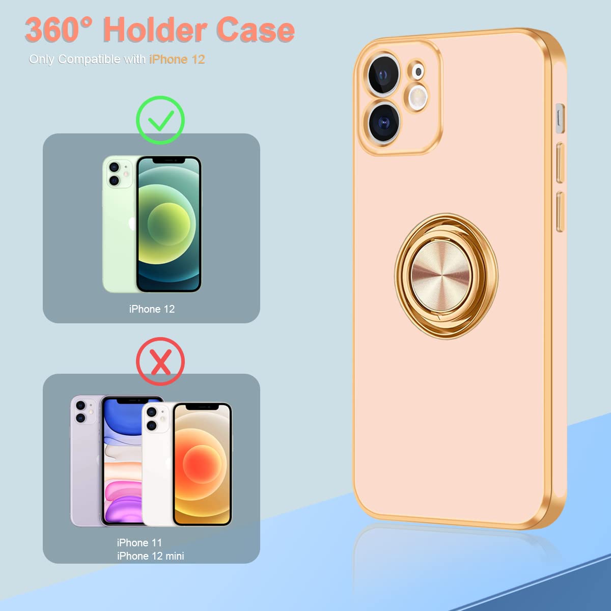 Fingic For Iphone 12 Case,For Iphone 12 Case With 360 Ring Holder Phone Case For Women Girls Slim Kickstand Magnetic Support Car