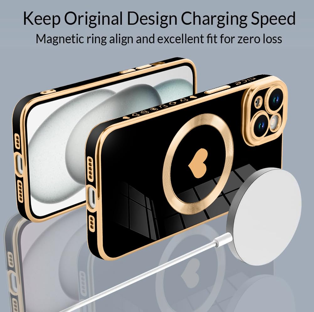 Tharlet Magnetic Shockproof For Iphone 15 Case [Compatible With Magsafe] Cute Love Luxury Plating Edge Bumper Case With Full Cam