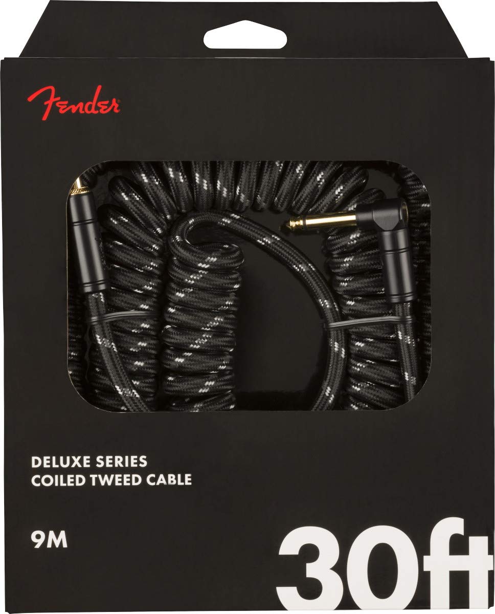 Fender Deluxe Series Coiled Instrument Cable, Guitar Cable, Stocking Stuffers, Guitar Accessories, Straight/Angle, Black Tweed,
