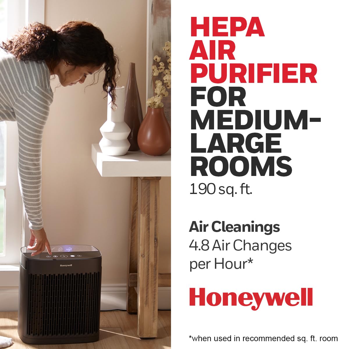 Honeywell Insight Hepa Air Purifier With Air Quality Indicator For Medium Large Rooms (190 Sq Ft), Black   Wildfire/Smoke, Polle