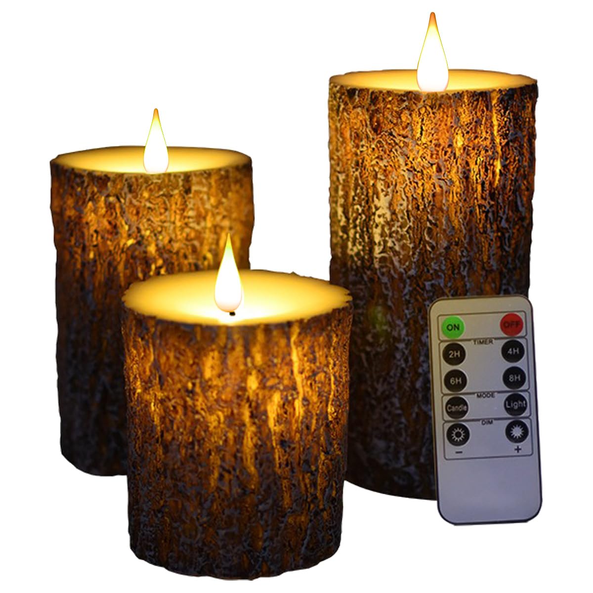 Niceme Led Pine Bark Flameless Candles Set Of 3 Real Wax Battery Operated Candles Flickering Teardrop Wick Electric Decorative P
