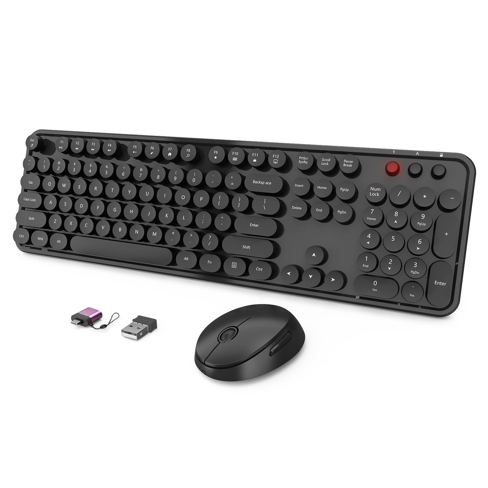 Wireless Keyboard and Mouse Combo, Ergonomic Full Size Typewriter Retro Round Keycaps Keyboard, Compatible with Windows, PC, Perfer for Home and Office Keyboards (Black
