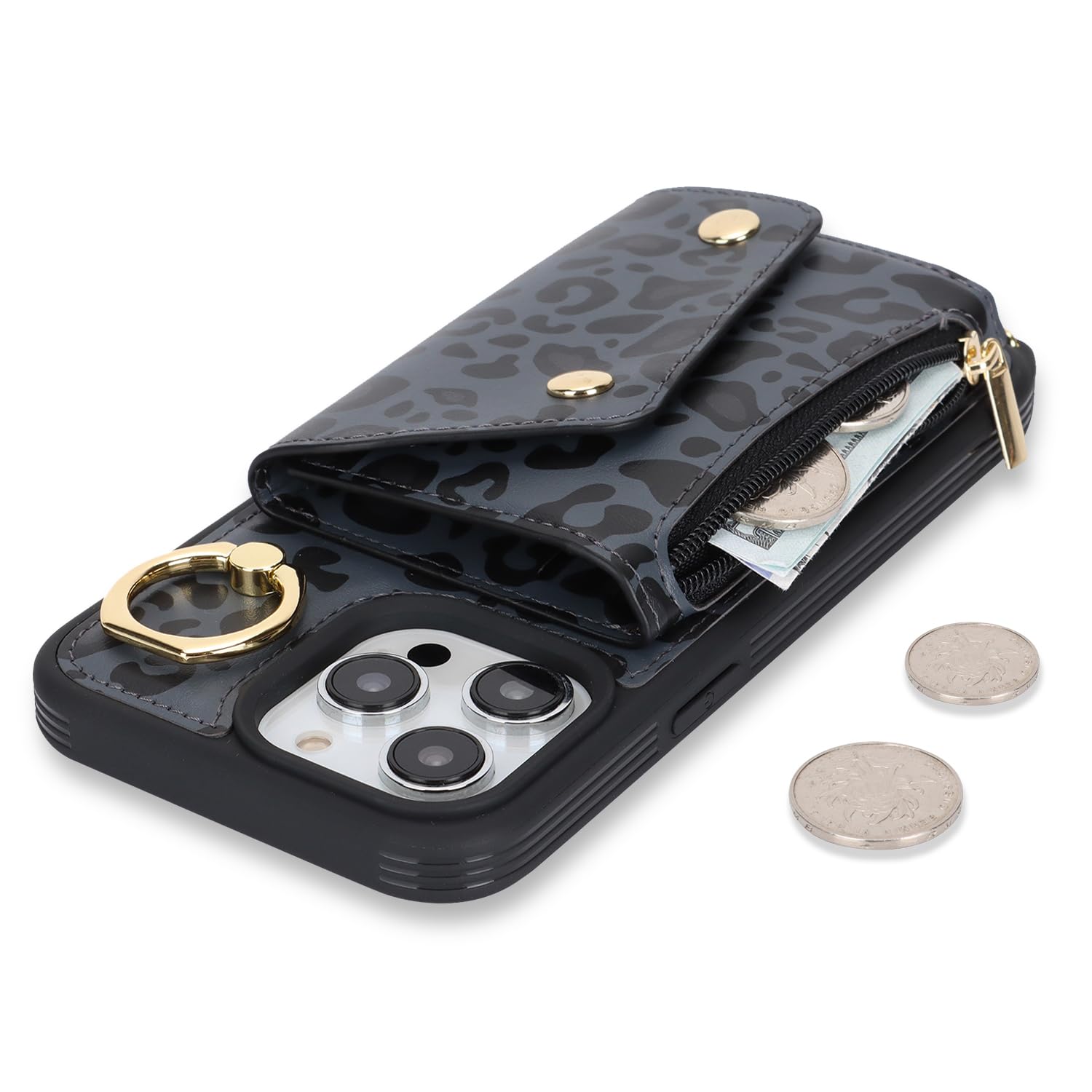 Lipvina For Iphone 13 Pro Case With Card Holder And Strap - Zipper Pocket,Crossbody Lanyard Strap,Credit Card Holder,Stand Ring,