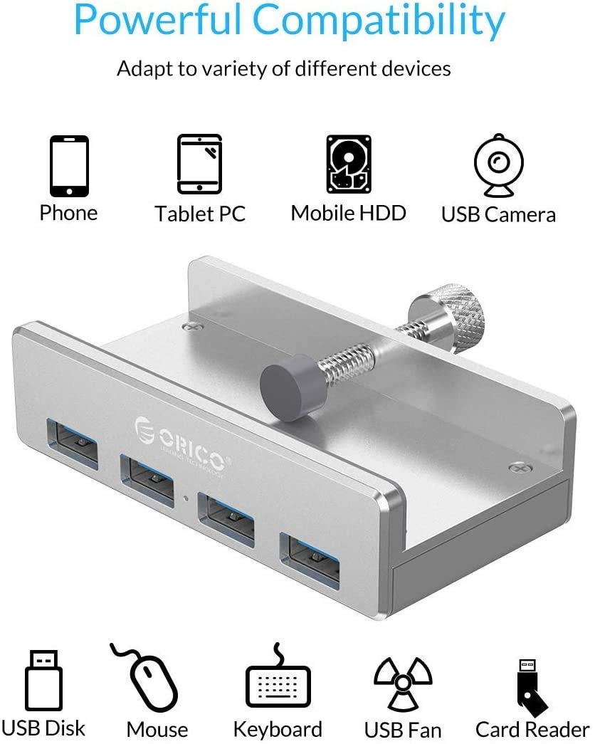 ORICO USB 3.0 Hub Clamp Adapter, Aluminum 4 Port USB Splitter with Extra Power Supply Port and 4.92 FT USB Data Cable, Ultra Portable USB Expander for 2021 iMac/Laptop/PC