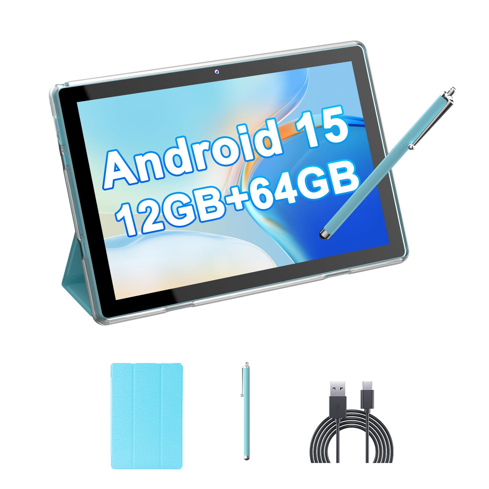 HOTTABLET Tablet 10-inch Android 15, RAM 12GB(4+8Expand) +ROM 64GB, 2+8MP Dual Camera, 6000mAh Battery (Tablet+case+Stylus)(Blue