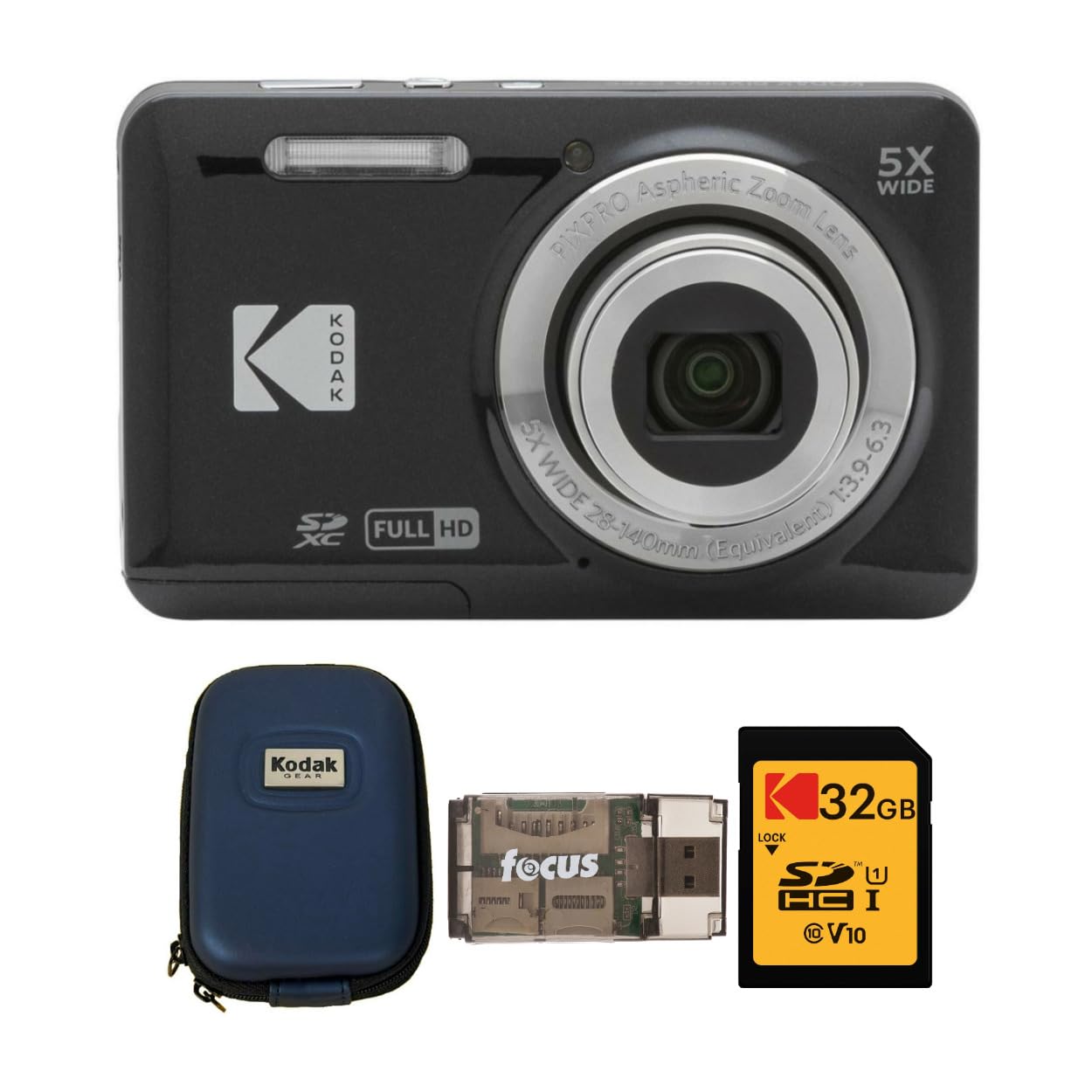 Kodak PIXPRO Friendly Zoom FZ55 Digital Camera (Black) Bundle with Camera Case, 32GB Class 10 UHS-I U1 SDHC Memory Card and USB 