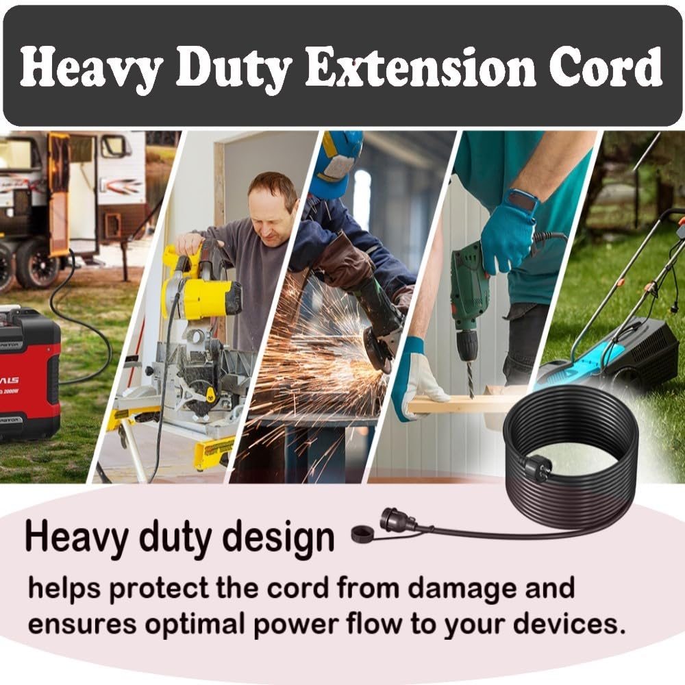 50Ft Green Outdoor Extension Cord, Evenly Spaced 6 Outlets Plugs With Waterproof Cover, 16/3 Sjtw Weatherproof Multiple Outlets