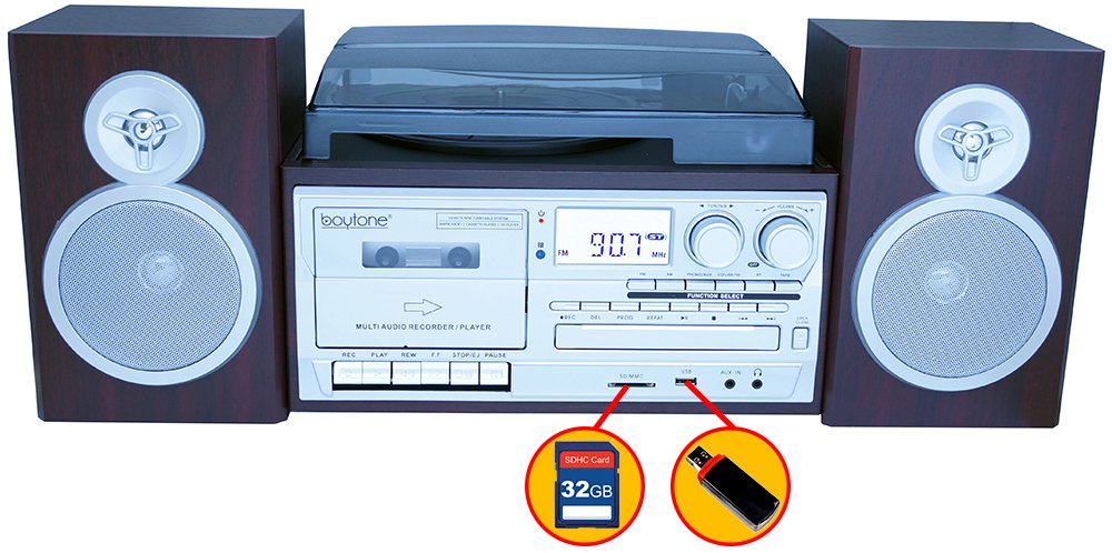 Boytone Bt 28Sps Bluetooth Classic Style Record Player Turntable With Am/Fm Radio, Cassette Player, Cd Player, 2 Separate Stereo Speakers, Record Vinyl, Radio, Cassette To Mp3 Sd Slot Usb, Aux Silver