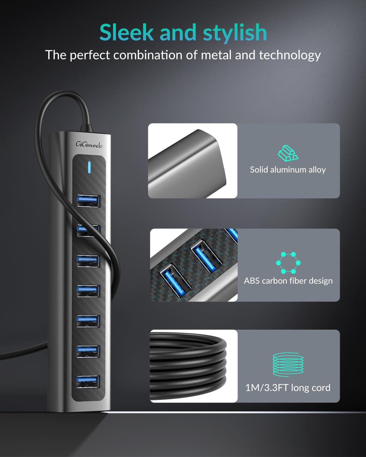 Gigimundo Gm7U 7 Port Usb 3.0 Hub, 3.3Ft Long Cable, Aluminum, High Speed, Multi Port Extender Hub, External Expansion Data Hub