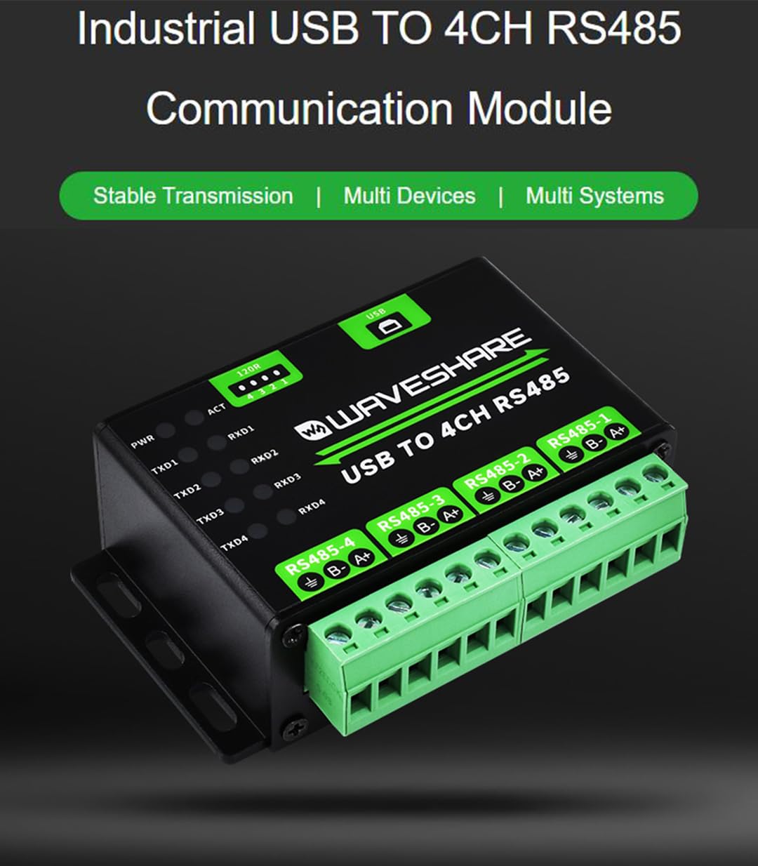 Industrial Usb To Rs485 Converter Extending Usb To 4Ch Rs485, 1200Bps ~ 460800Bps Baudrate, Transmission Distance Up To 1.2Km, C