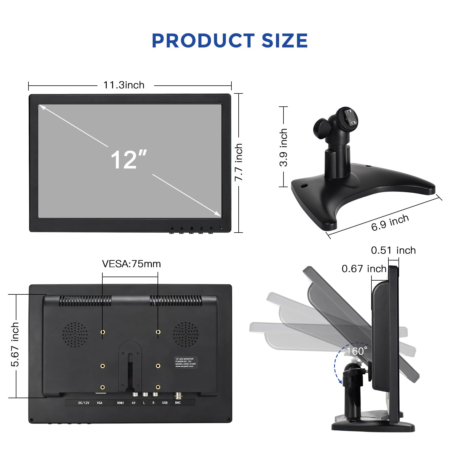 Oscy 12 Inch Small Monitor, 1280X800 16:10 Hdmi Monitor Support Hdmi/Vga/Av/Bnc Input With Remote Control & Built In Speakers, M