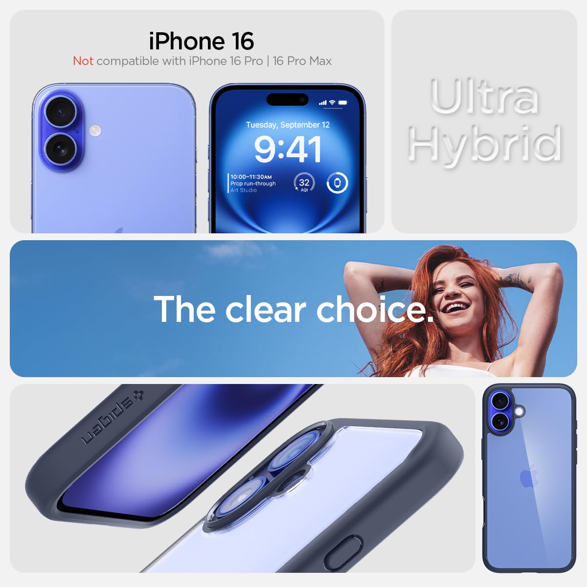 Spigen Ultra Hybrid Designed For Iphone 16 Case [Not Compatible With Magsafe], [Anti Yellowing], [Military Grade Protection]   N