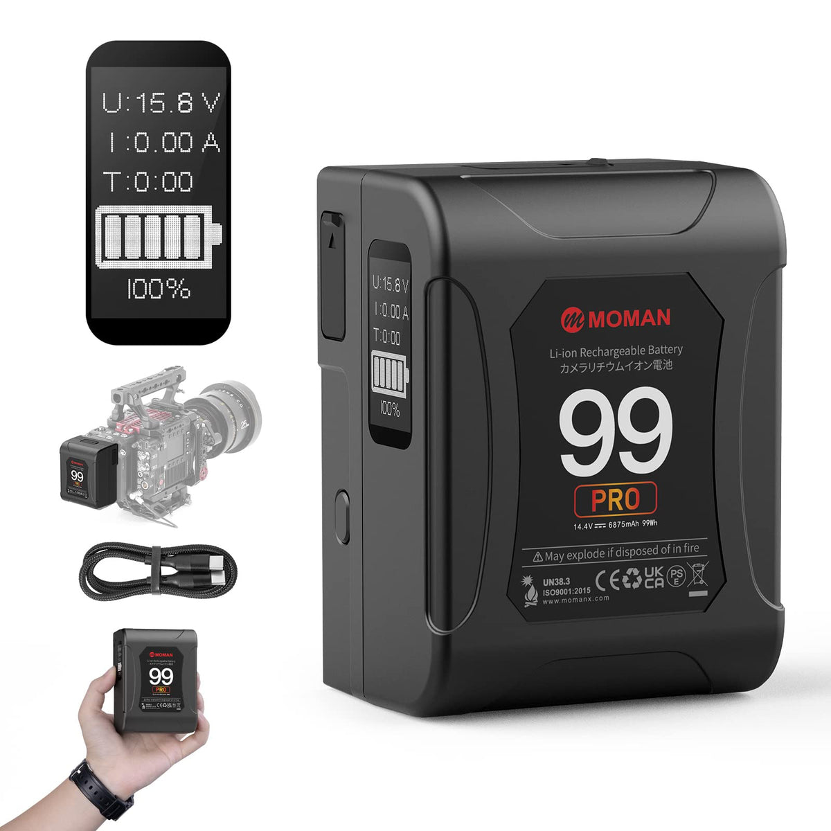 Moman V Mount Battery, Power 99 Pro V-Lock Portable Battery 99Wh/6875Mah With D-Tap/Usb-C/A Output, Premier Oled With Time Displ