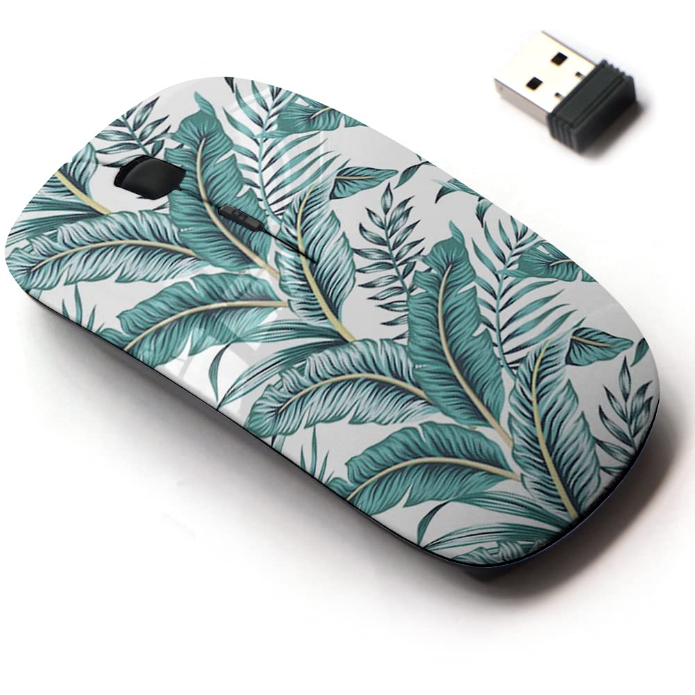 2.4G Wireless Mouse With Cute Pattern Design For All Laptops And Desktops With Nano Receiver   Tropical Banana Green Leaves