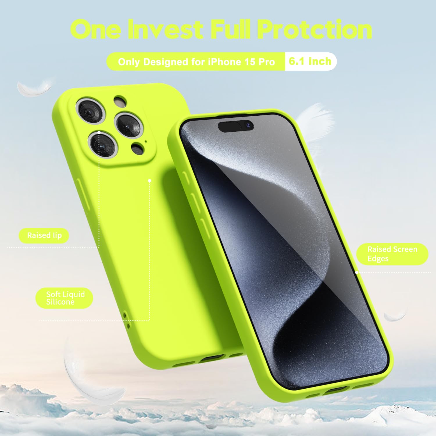 Oakxco For Iphone 15 Pro Phone Case Liquid Silicone, Neon Bright Solid Color, Thin Slim Soft Rubber Gel Matte Tpu Plain Simple C