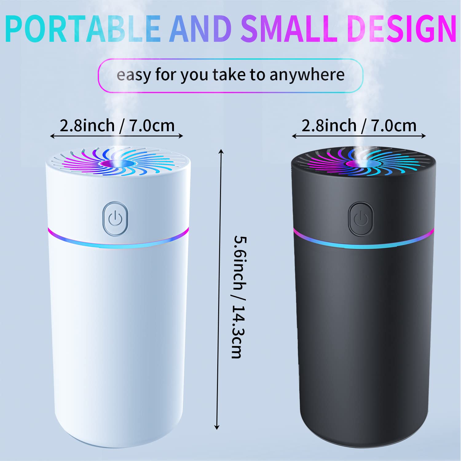 Mini Humidifiers Battery Powered Portable Car Humidifier With 7 Color Lights, Auto Shut Off Small Desk Humidifier [2 Mist Modes]