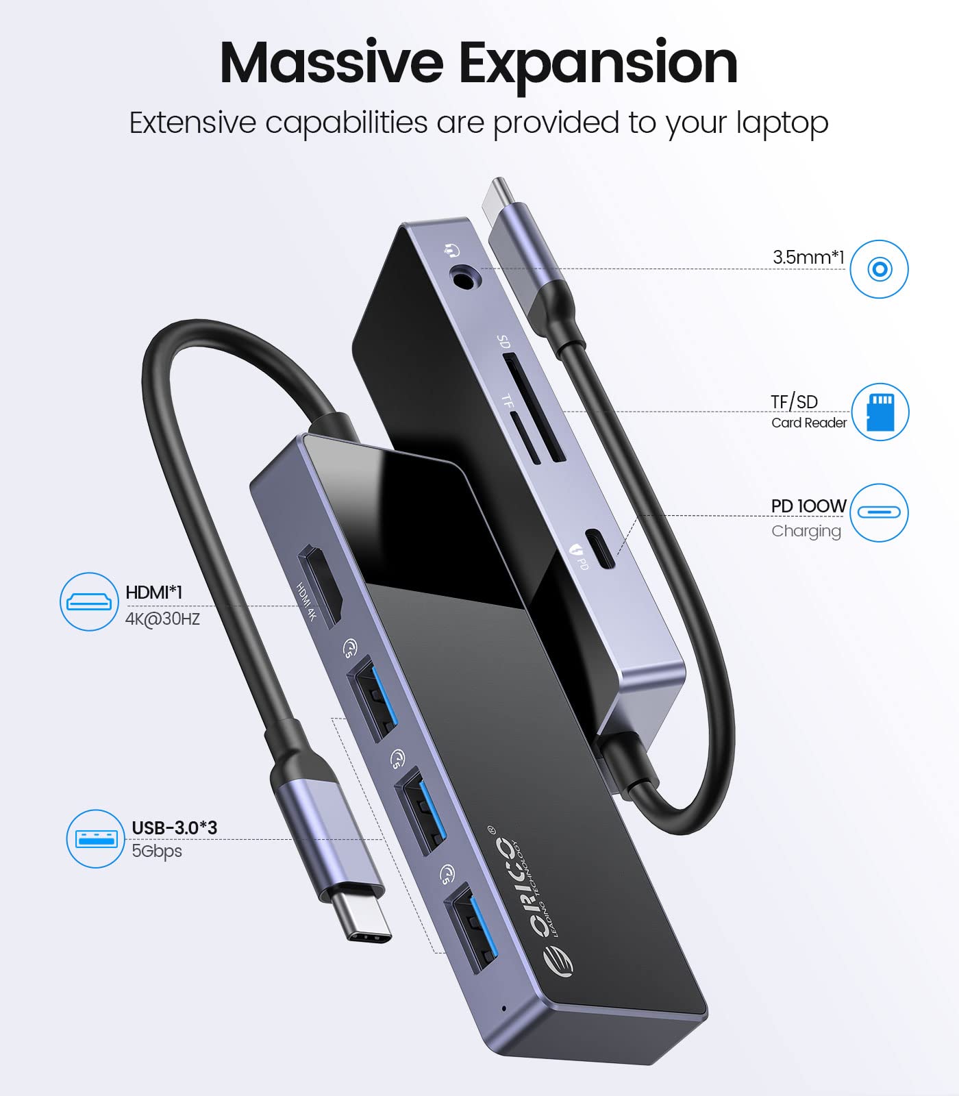 USB C Hub, ORICO 8 in 1 MacBook Docking Station Multiport Adapter with PD 100W,HDMI 4K@30Hz,USB A3.0�3, SD/TF�1,3.5mm Audio�1 Compatible for Dell/Surface/HP/Lenovo Laptops