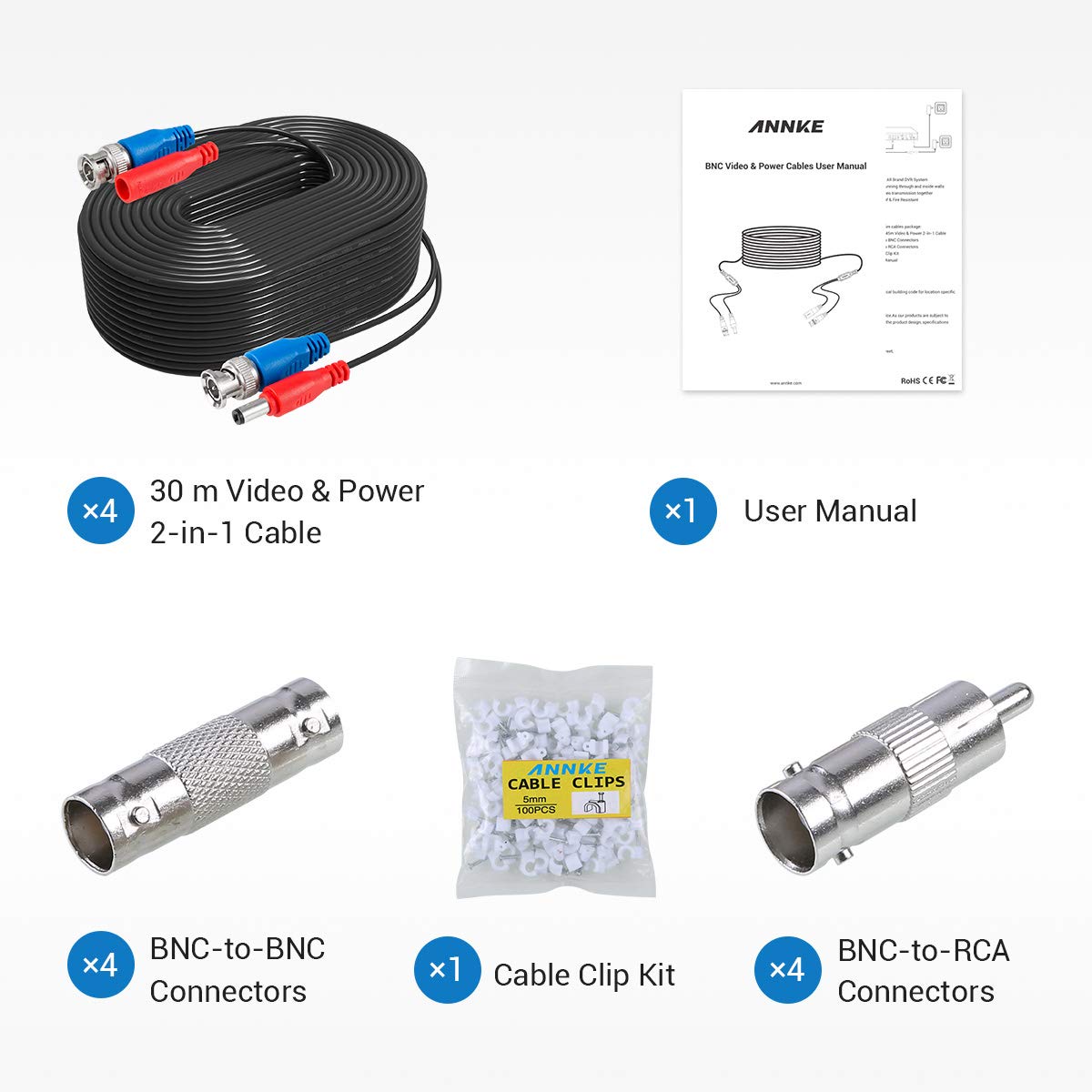 Sannce 4 Pack 100Ft Bnc Video And Power Security Camera Cable With Bnc Connectors And Rca Adapters For Cctv Camera System 100Pcs Cable Clips (Black)