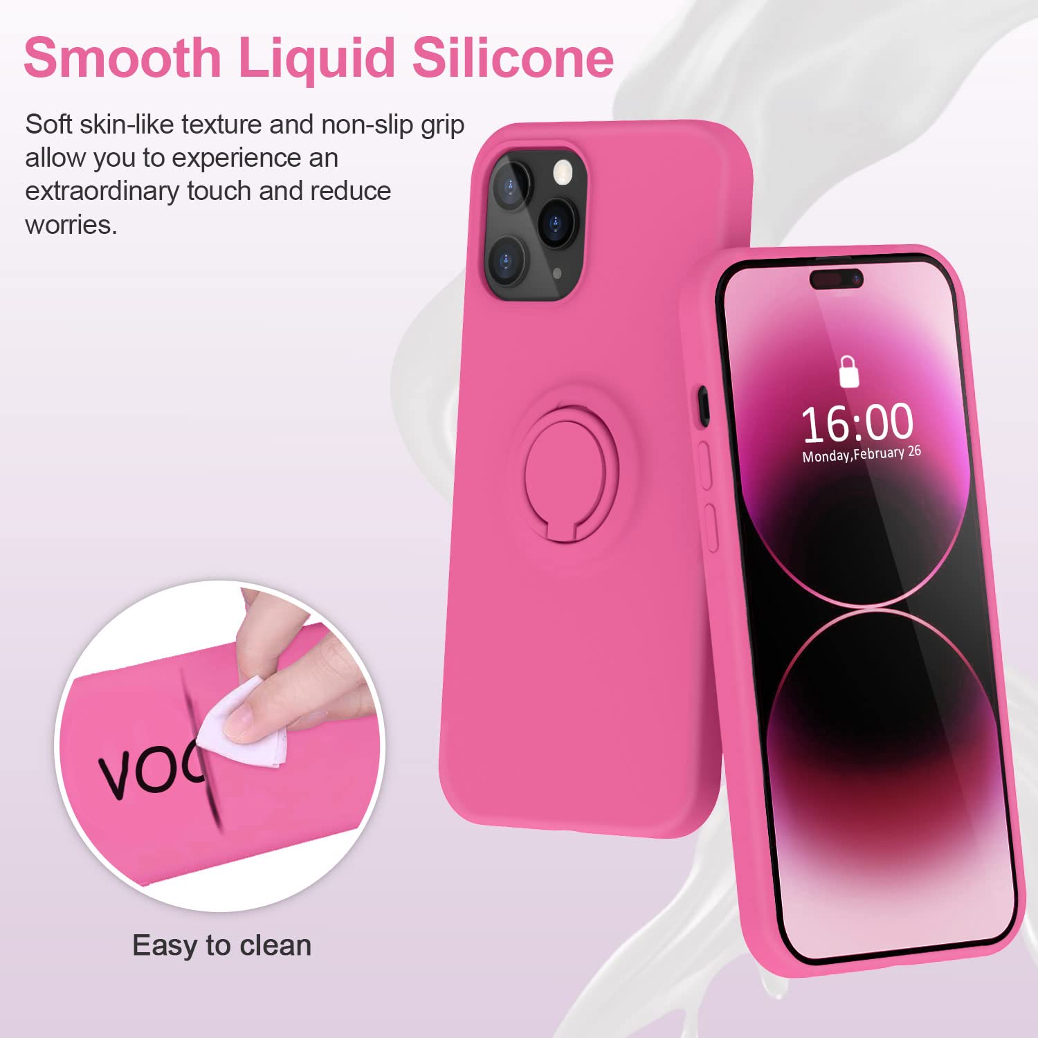 MOCCA iPhone 14 Pro Phone Case with Ring Stand Liquid Silicone Full-Body Anti-Scratch Microfiber Lining Pitaya 6.1inch