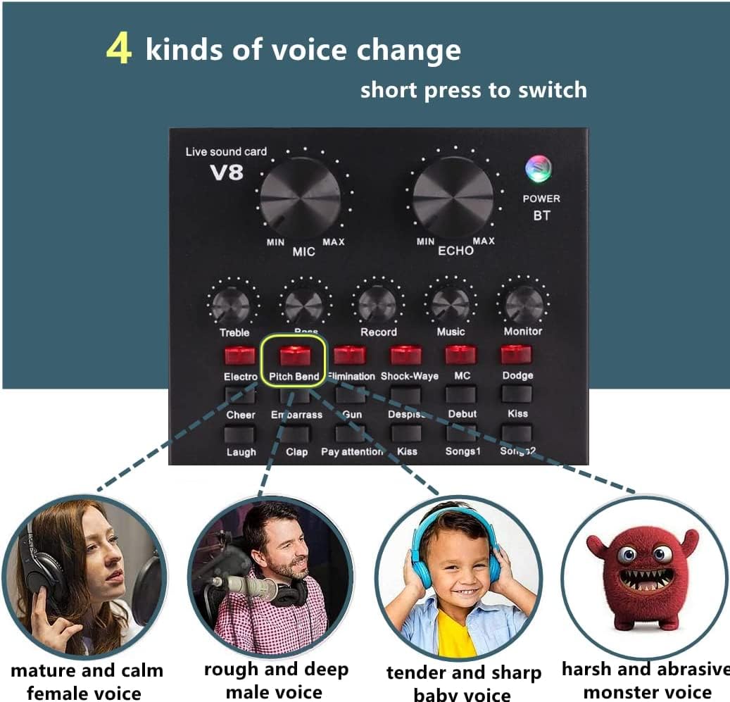 SKTEET Podcast Equipment Bundle with BM800 Mic & V8 Sound Card, Voice Changer, V8-Black, Perfect for Recording & Streaming