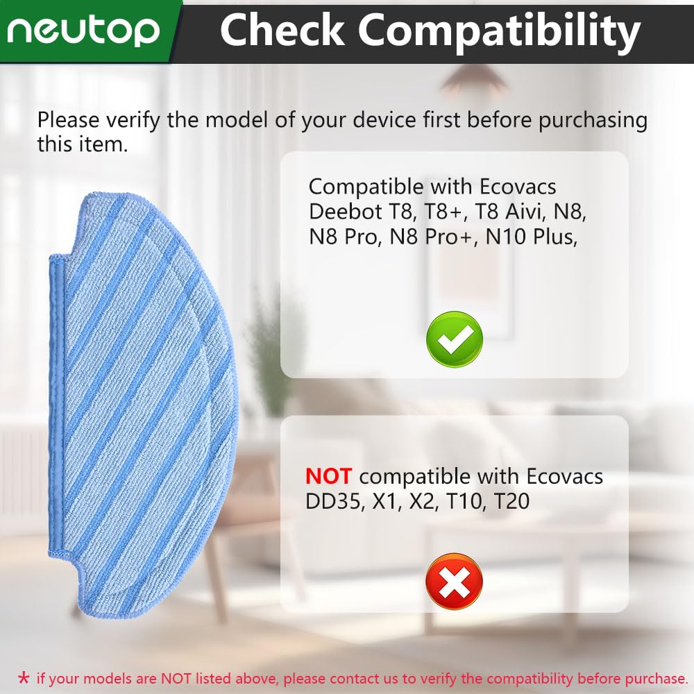 Neutop Replacement Washable Mopping Pads Compatible With Ecovacs Deebot T8, T8+, T8 Aivi, N8, N8 Pro/Pro+, N10 Plus, Robot Vacuu