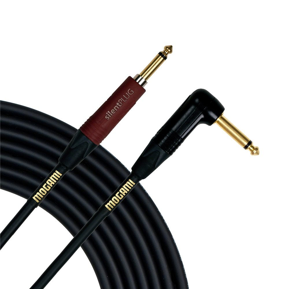 Mogami Gold Inst Silent S 10R Guitar Instrument Cable, 1/4' Ts Male Plugs, Gold Contacts, Straight Silentplug To Right Angle Connectors, 10 Foot