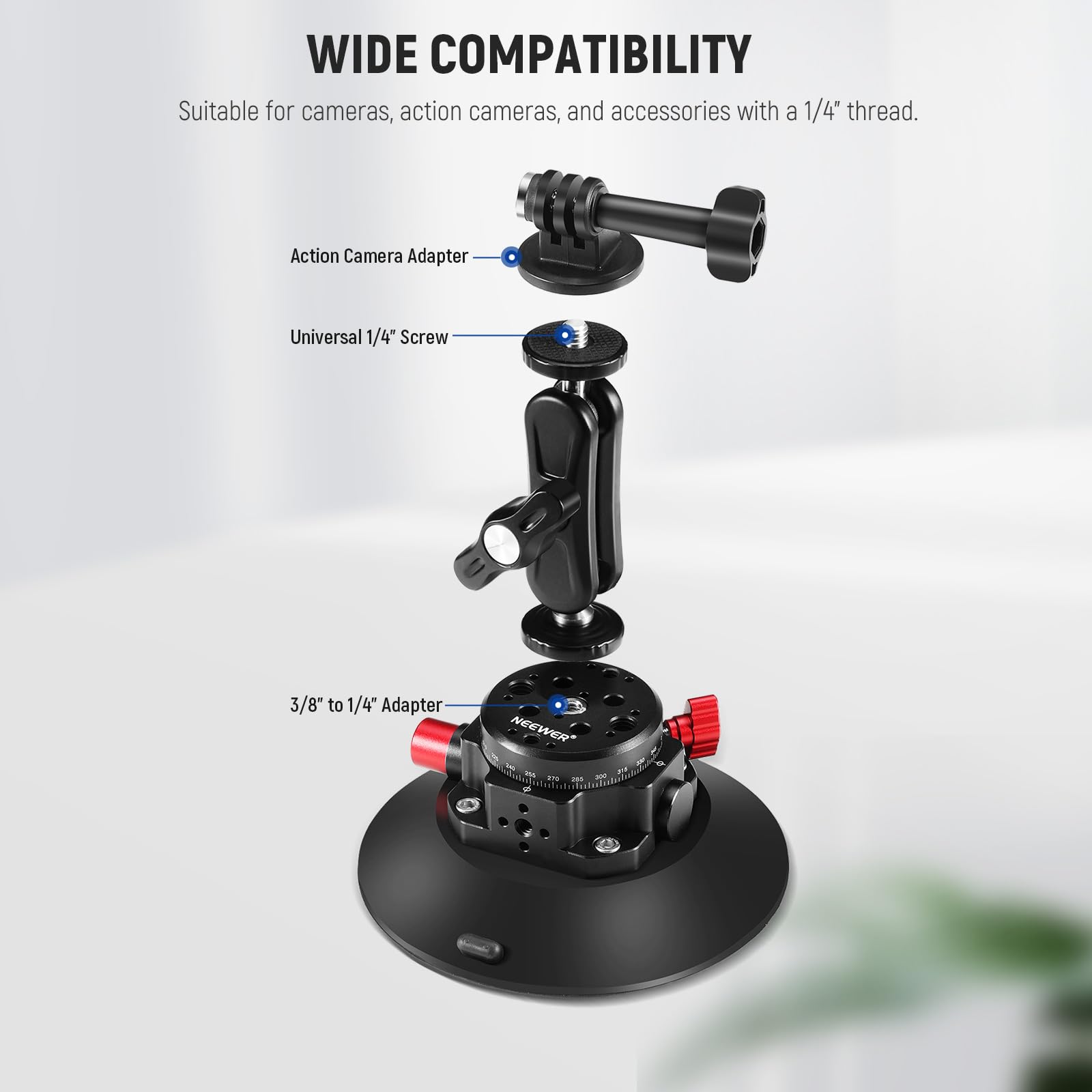 Neewer 6''/15.2Cm Camera Suction Cup Mount With Ball Head Magic Arm, Metal Suction Cup Mount On Car Windshield Dash For Camera/A