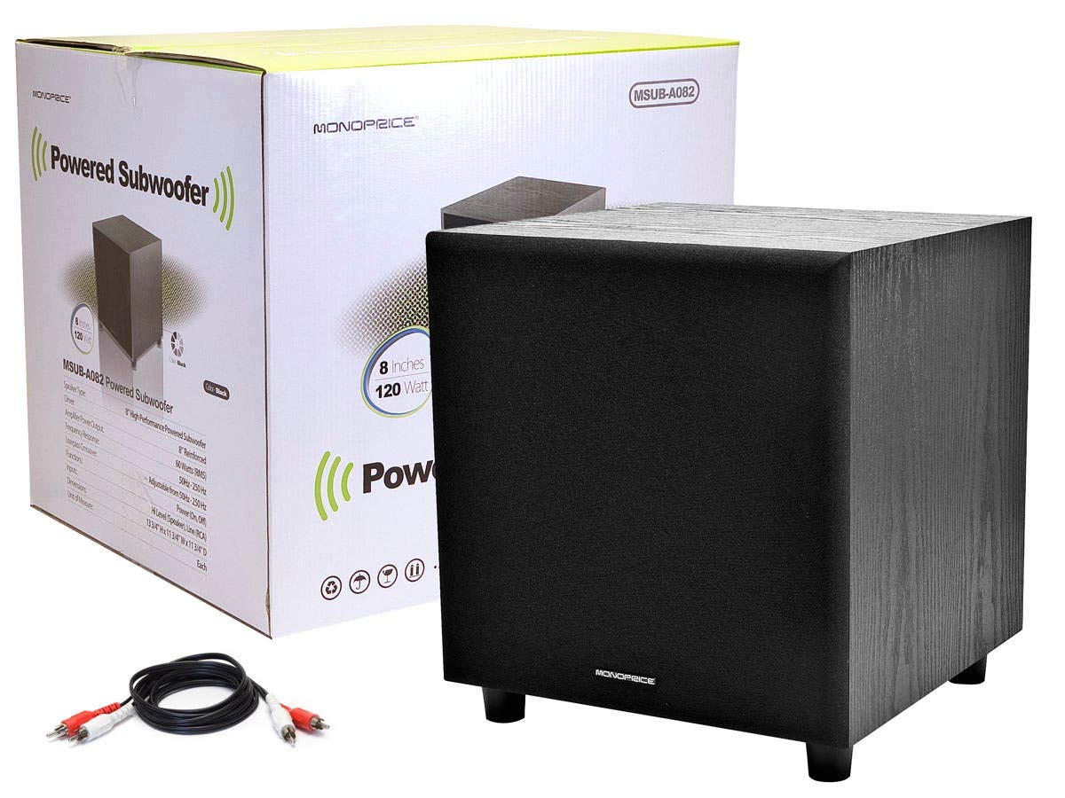Monoprice 60 Watt Powered Subwoofer   8 Inch With Auto On Function, For Studio And Home Theater Black