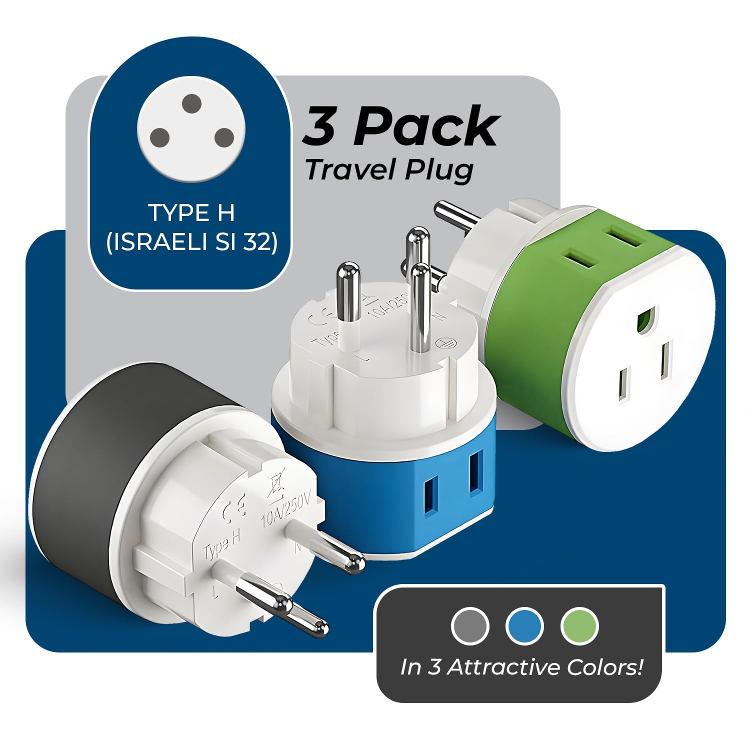 Orei Israel, Palestine Power Plug Adapter With 2 Usa Inputs   Travel 3 Pack   Type H (Us 14) Safe Grounded Use With Cell Phones,