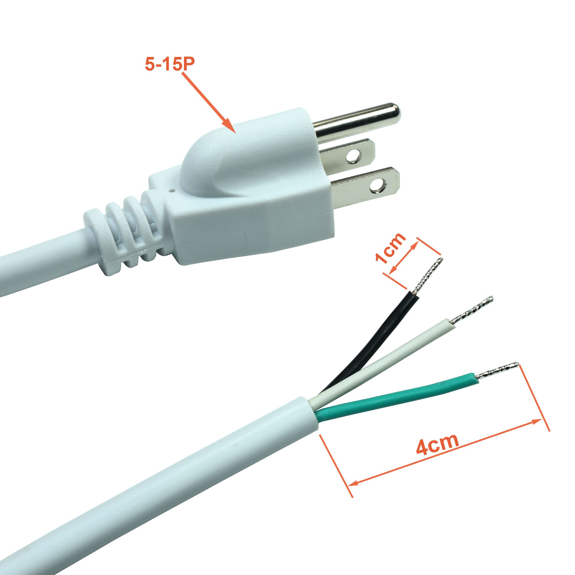 White 18Awg 3 Prong Power Cord With Open Wiring, 10Amp Max, 10Ft Replacement Power Cord With Open End, Pigtail Open Cable Nema 5