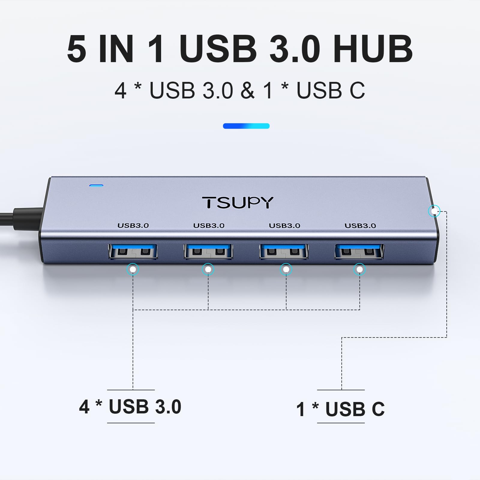 Usb 3.0 Hub, Tsupy Usb Splitter With 5 Usb Ports And 4Ft Extended Cable,Ultra Slim Aluminium Data Hub Multi Usb 3.0 Adapter Hub Compatible For Laptop,Macbook,Pc, Printer, Mobile Hdd And More