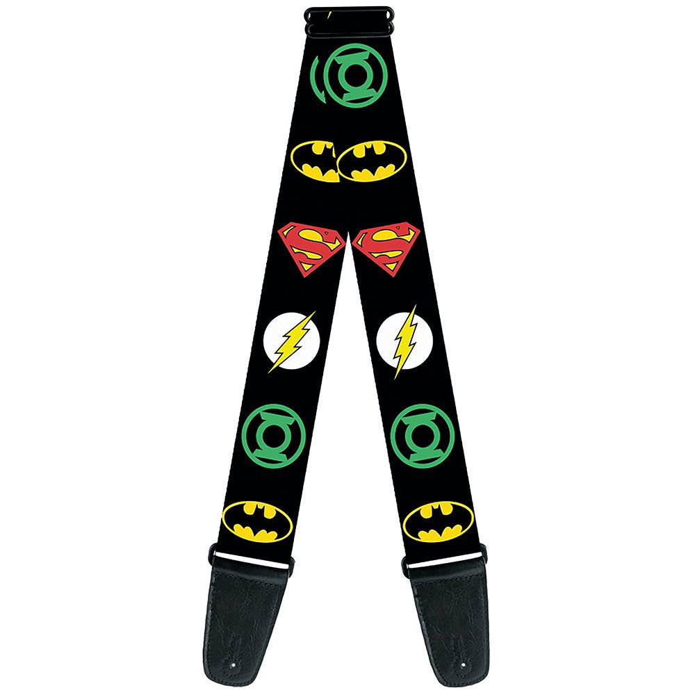 DC Comics Guitar Strap, Justice League Superhero Logos, 2 Inches Wide