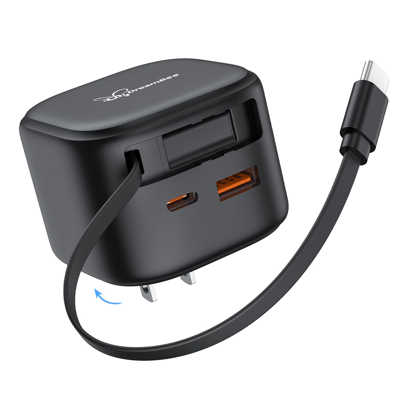 DreamBee Retractable Wall Charger, 3-Port USB Charger with Retractable Type C Cable (39.4 inch), 35W Fast Charging Travel Adapte
