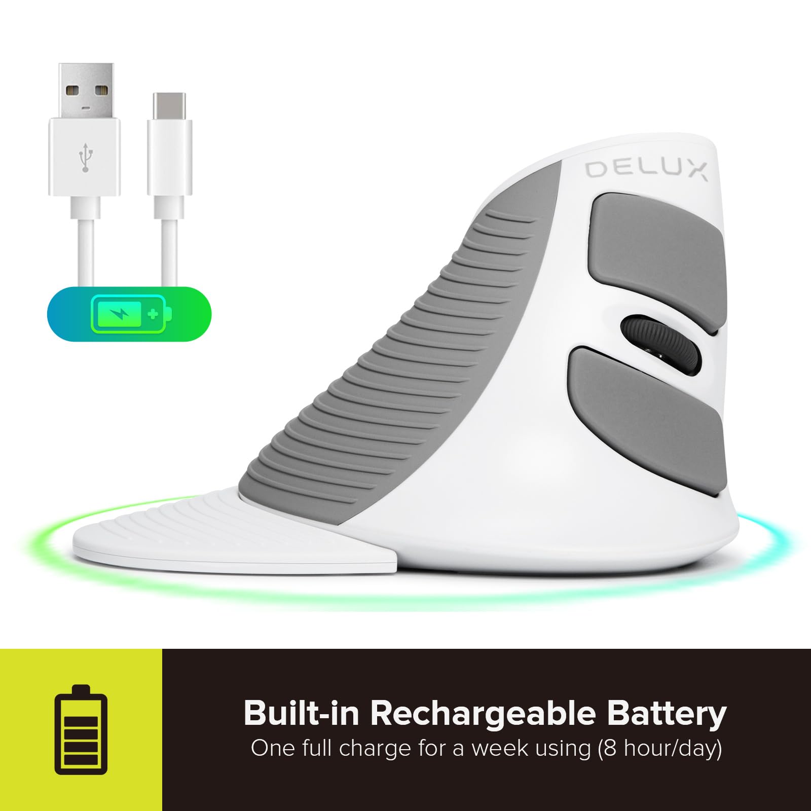 Delux Rechargeable Ergonomic Wireless Mouse Silent, 1600Dpi, Reduce Hand And Wrist Pain, Vertical Mouse With Usb Receiver And Bt