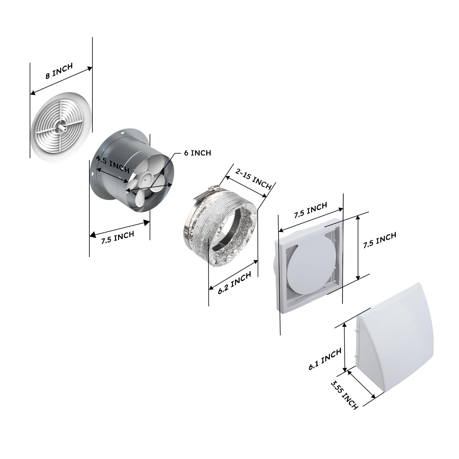Quini 6-inch Bathroom Ventilation Exhaust Fan, 80 CFM, 4.0 Sones, Metal, White, Model K1
