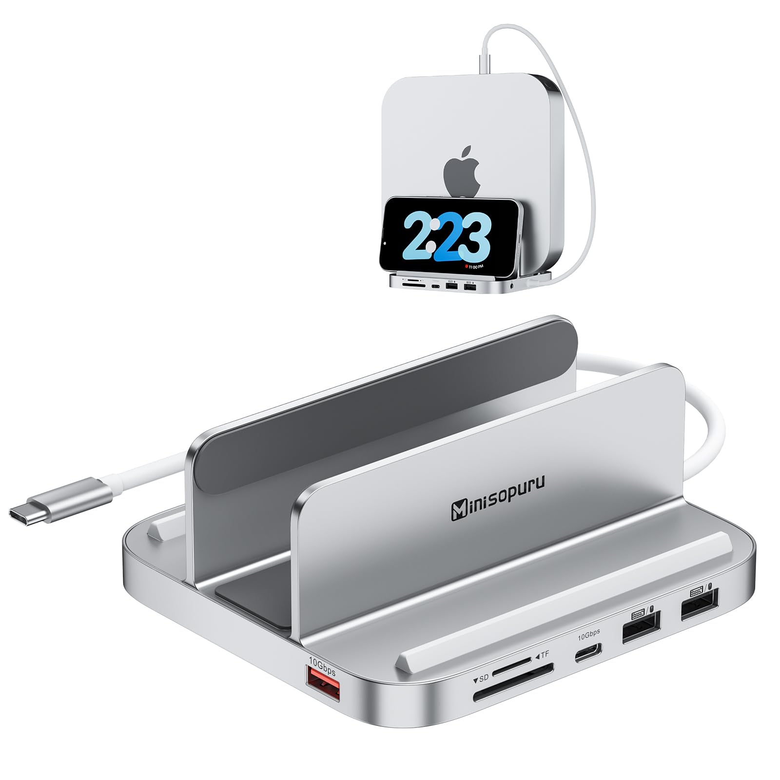 Minisopuru Mac Mini Dock & Stand With M.2 Nvme Ssd Enclosure, Upgrade 8 In 1 Mac Mini Hub Support 10Gbps Usb C/A, Tf& Sd Card, A
