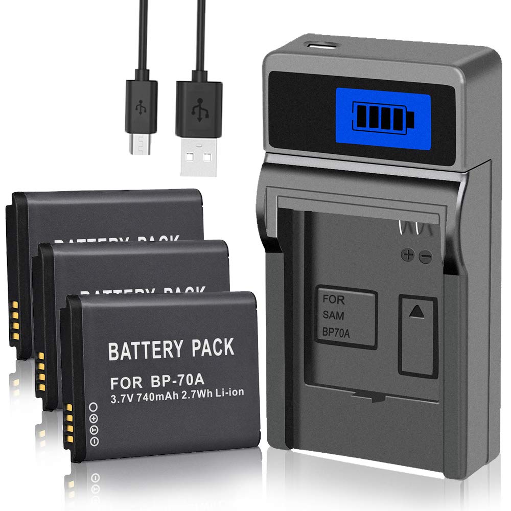Tenberly 3 Pack Bp 70A Replacement Batteries With Charger For Samsung Bp70A Bp 70A Wb30F, Wb35F, Wb50F, Dv150F, St150F, Mv800, E