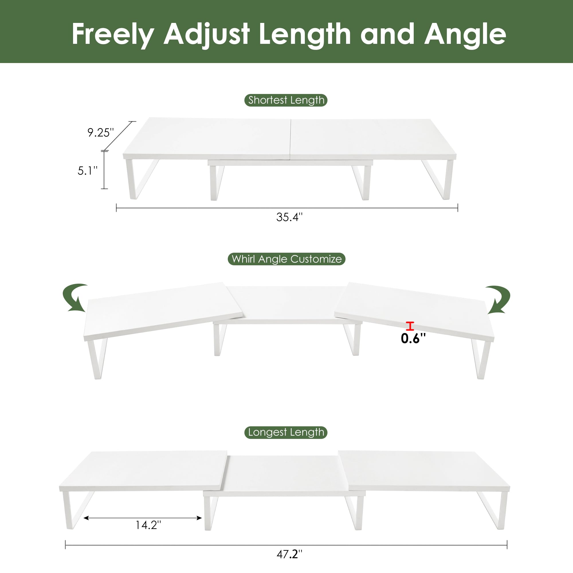 Ruilalife Dual Monitor Stand Riser W/ Drawer & Metal Leg, Large White Computer Monitor Riser W/ Storage For 2 Monitors, Desk She